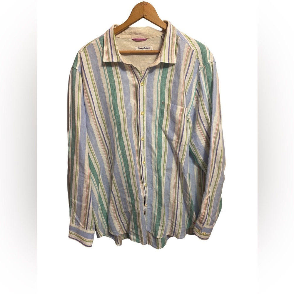 Tommy Bahama 100% Linen Shirt Mens XXL Pastel Striped Long Sleeve Casual